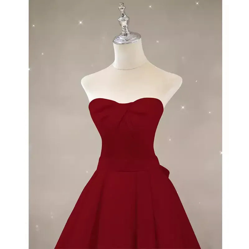 Romantic Ballgown Strapless Bow-Accent Satin Burgundy Maxi Evening Dress for Women