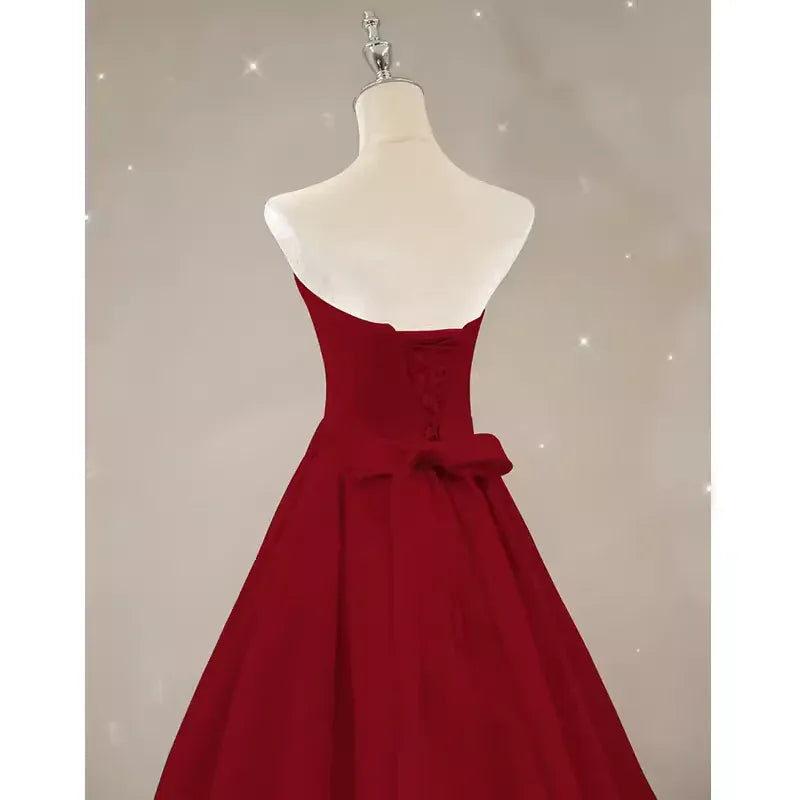 Romantic Ballgown Strapless Bow-Accent Satin Burgundy Maxi Evening Dress for Women