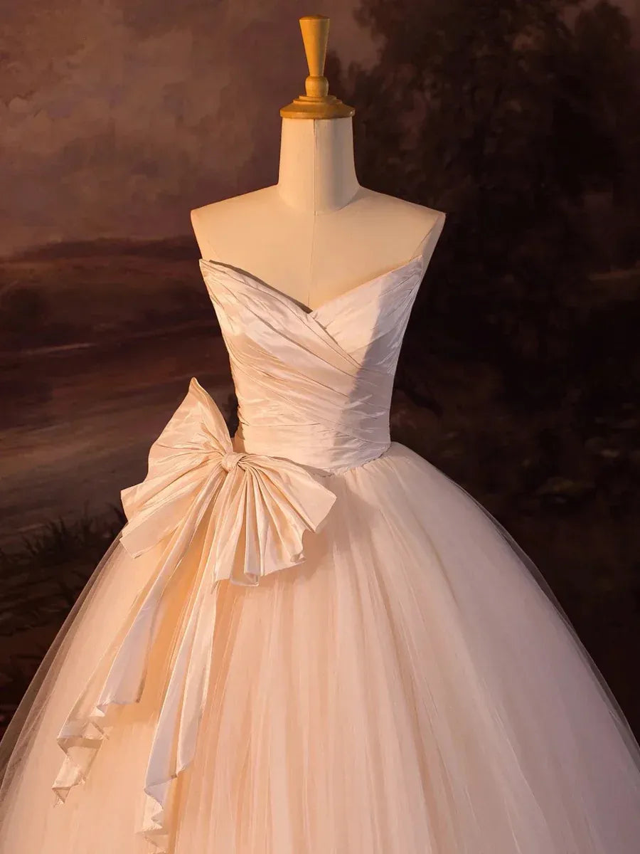 Romantic Ballgown Sweetheart Sleeveless Bow-Accent Blush Long Prom Dress for Women Ready to Ship