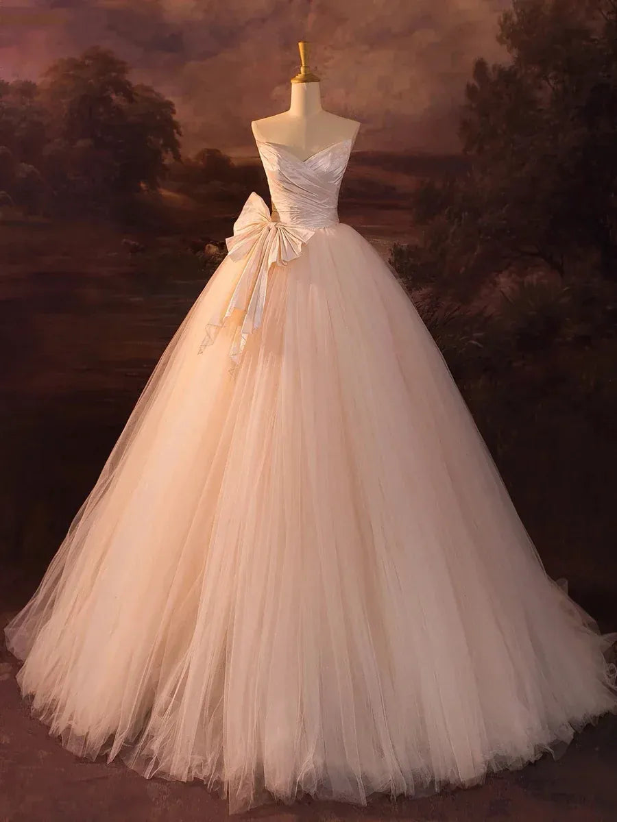 Romantic Ballgown Sweetheart Sleeveless Bow-Accent Blush Long Prom Dress for Women Ready to Ship