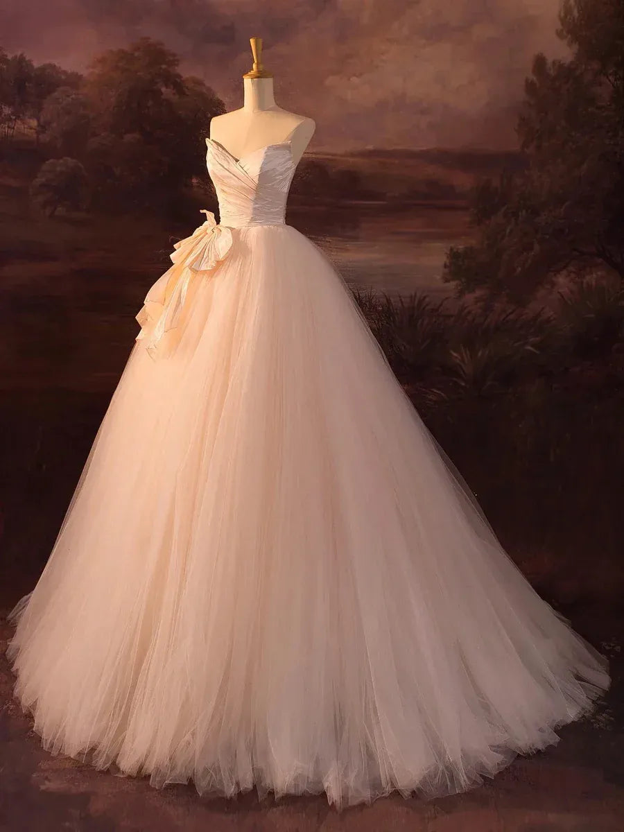Romantic Ballgown Sweetheart Sleeveless Bow-Accent Blush Long Prom Dress for Women Ready to Ship