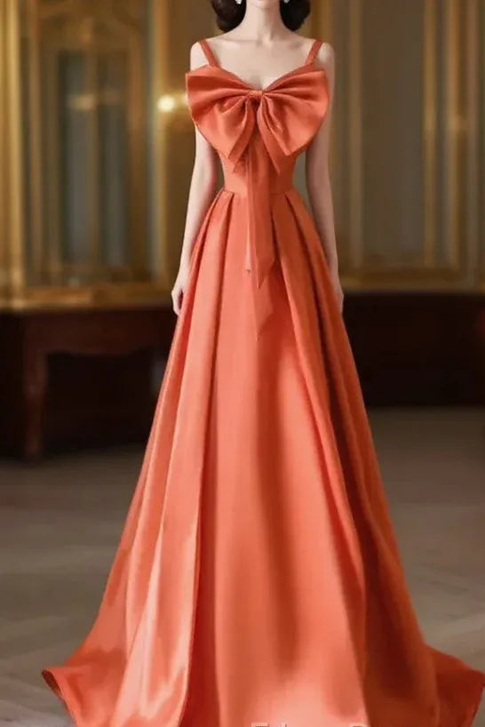 Romantic Ballgown Sweetheart Sleeveless Bow-Accent Orange Long Prom Dress for Women For Sale