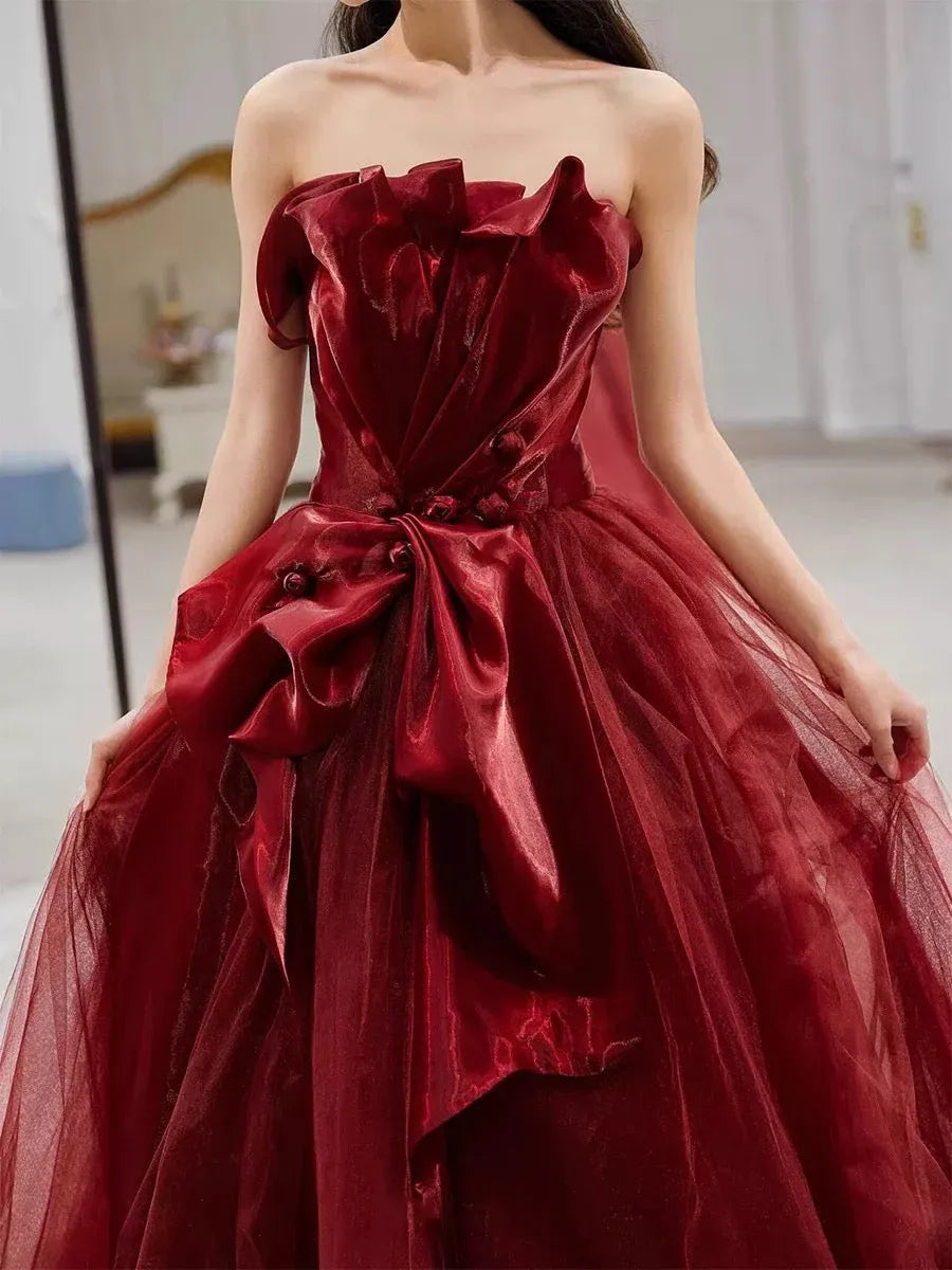 Romantic Ballgown Sweetheart Sleeveless Oversized-Bow Burgundy Long Prom Dress for Women Ready to Ship