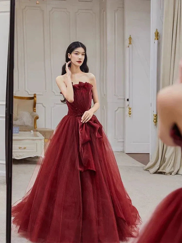 Romantic Ballgown Sweetheart Sleeveless Oversized-Bow Burgundy Long Prom Dress for Women Ready to Ship