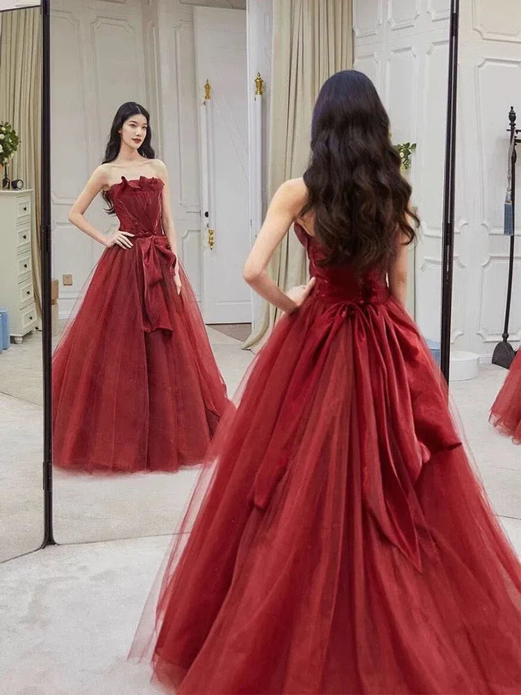 Romantic Ballgown Sweetheart Sleeveless Oversized-Bow Burgundy Long Prom Dress for Women Ready to Ship
