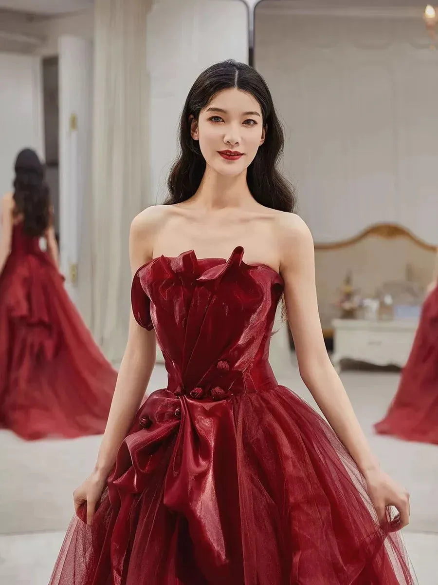 Romantic Ballgown Sweetheart Sleeveless Oversized-Bow Burgundy Long Prom Dress for Women Ready to Ship
