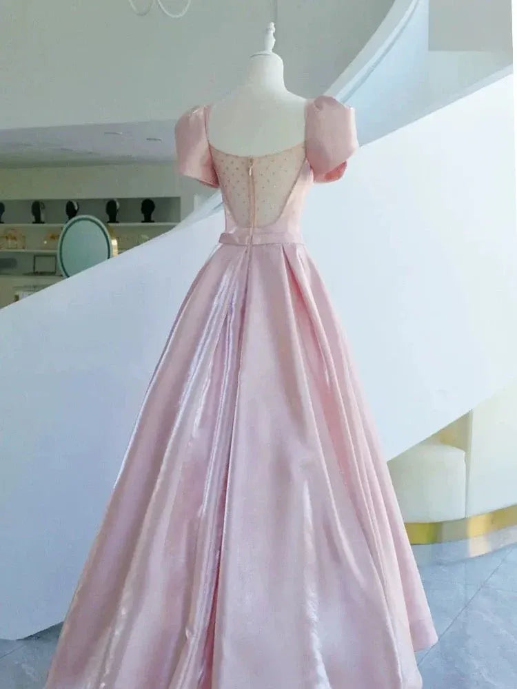 Romantic Ballgown V-Neck Puff-Sleeve Bow-Accented Blush Maxi Prom Dress for Women Custom