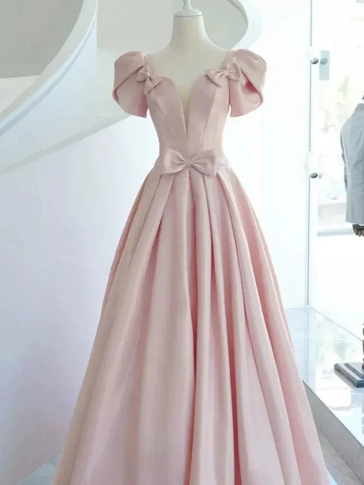 Romantic Ballgown V-Neck Puff-Sleeve Bow-Accented Blush Maxi Prom Dress for Women Custom