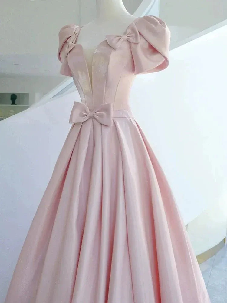 Romantic Ballgown V-Neck Puff-Sleeve Bow-Accented Blush Maxi Prom Dress for Women Custom