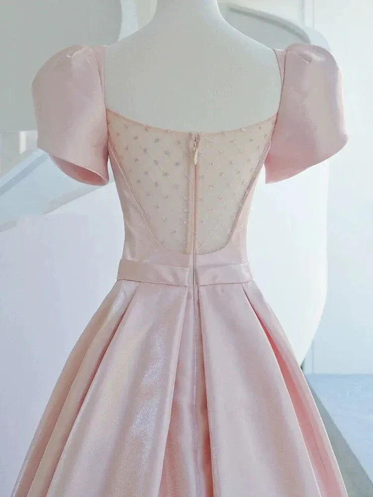 Romantic Ballgown V-Neck Puff-Sleeve Bow-Accented Blush Maxi Prom Dress for Women Custom