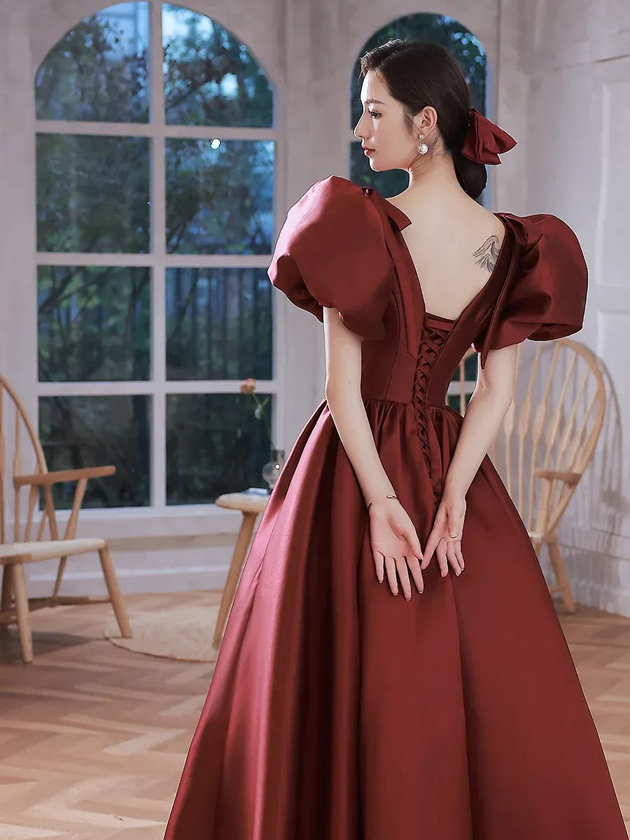 Romantic Ballgown V-Neck Puff-Sleeve Satin Burgundy Maxi Prom Dress for Women ready to ship