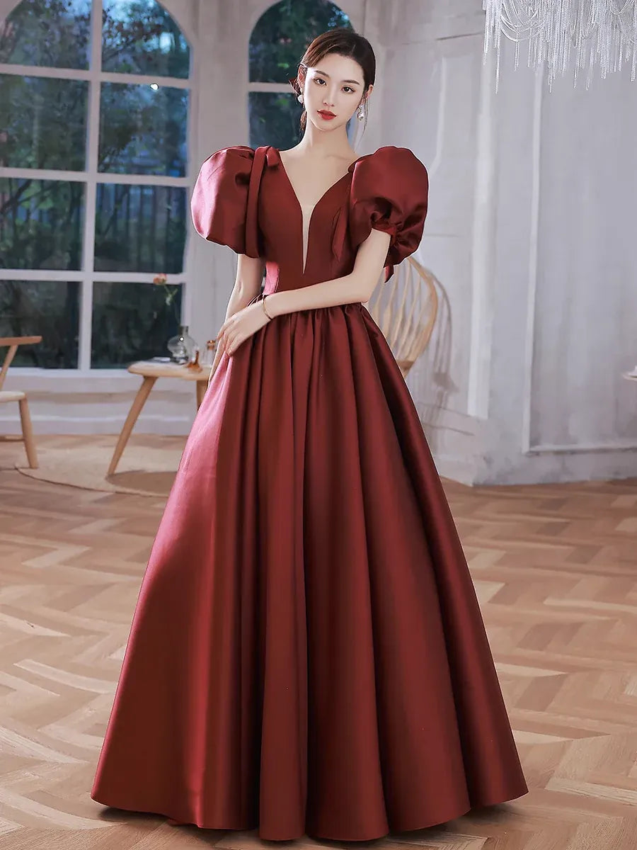 Romantic Ballgown V-Neck Puff-Sleeve Satin Burgundy Maxi Prom Dress for Women ready to ship
