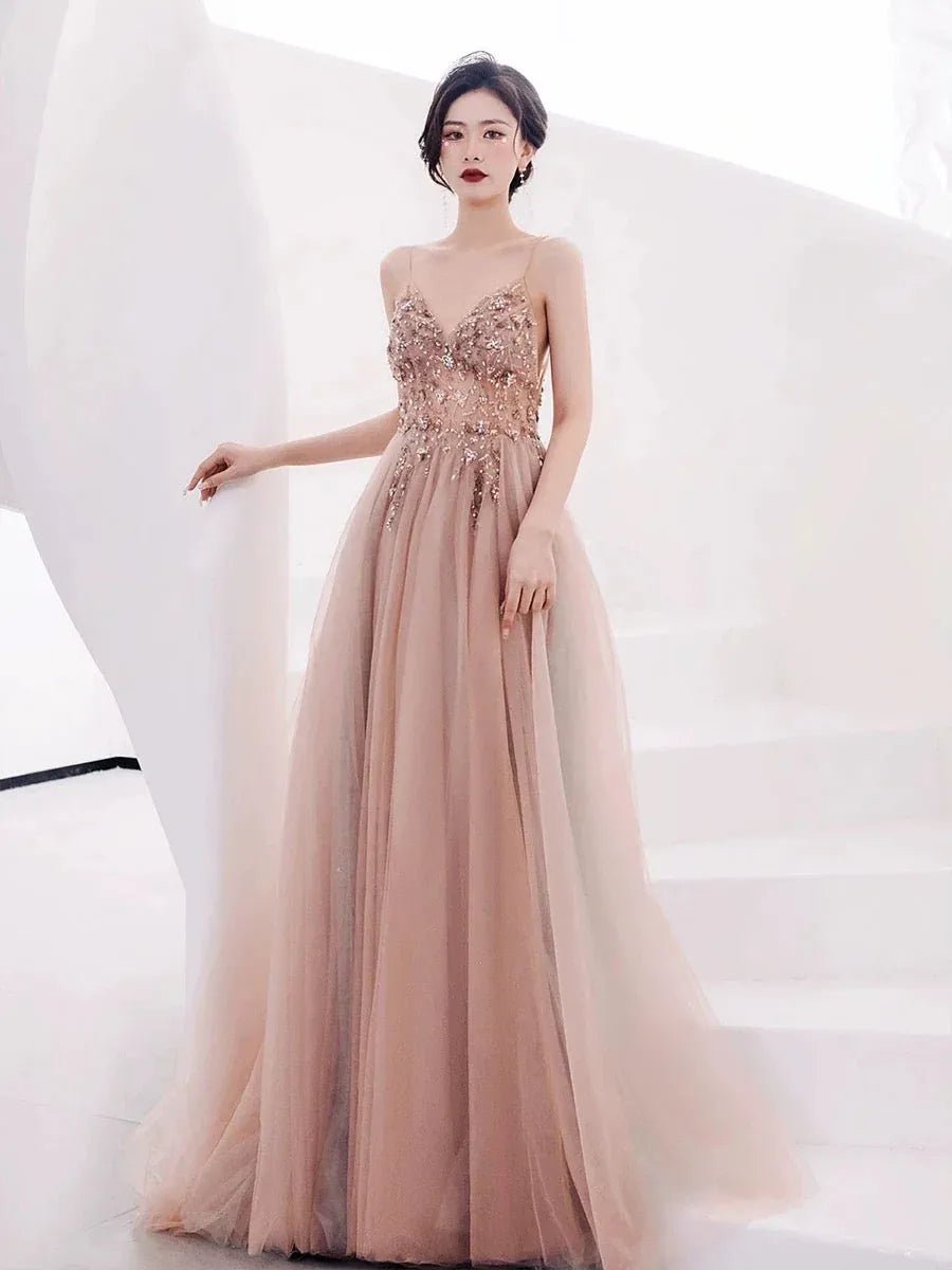 Romantic Ballgown V-Neck Sleeveless Sequin-Accent Blush Long Prom Dress for Women Ready to Ship