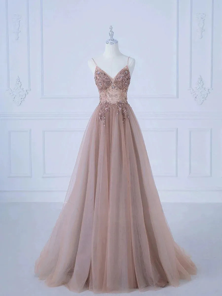 Romantic Ballgown V-Neck Sleeveless Sequin-Accent Blush Long Prom Dress for Women Ready to Ship