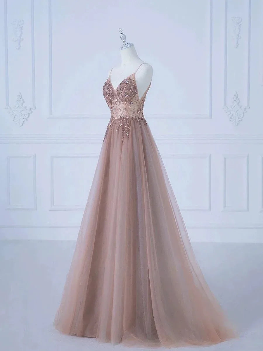 Romantic Ballgown V-Neck Sleeveless Sequin-Accent Blush Long Prom Dress for Women Ready to Ship
