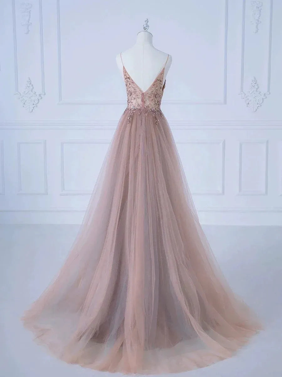 Romantic Ballgown V-Neck Sleeveless Sequin-Accent Blush Long Prom Dress for Women Ready to Ship