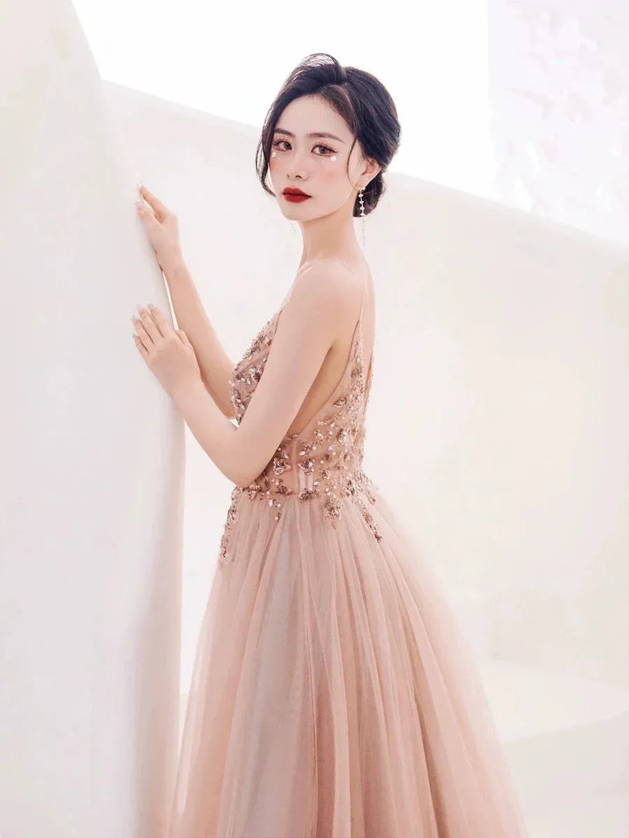 Romantic Ballgown V-Neck Sleeveless Sequin-Accent Blush Long Prom Dress for Women Ready to Ship