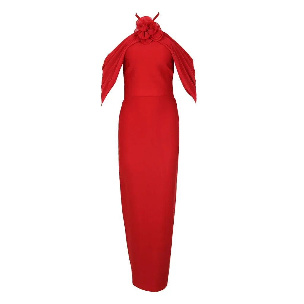 Romantic Bodycon Halter-Neck Sleeveless Flower-Accented Red Midi Prom Dress for Women ready to ship