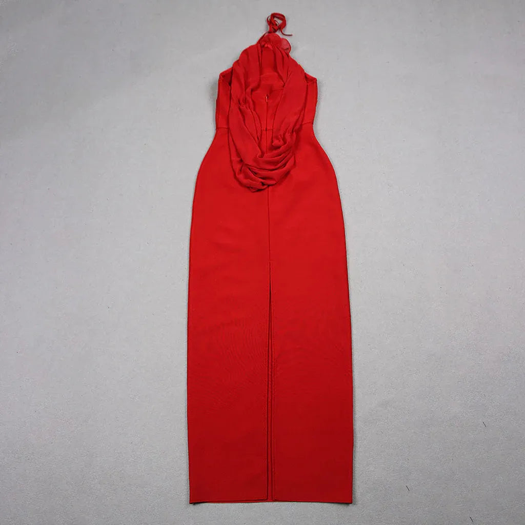 Romantic Bodycon Halter-Neck Sleeveless Flower-Accented Red Midi Prom Dress for Women ready to ship