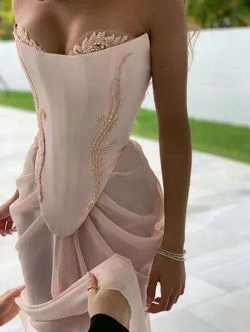 Romantic Chiffon-Lace Long Evening Dress Blush Pink Sweetheart Strapless for Women