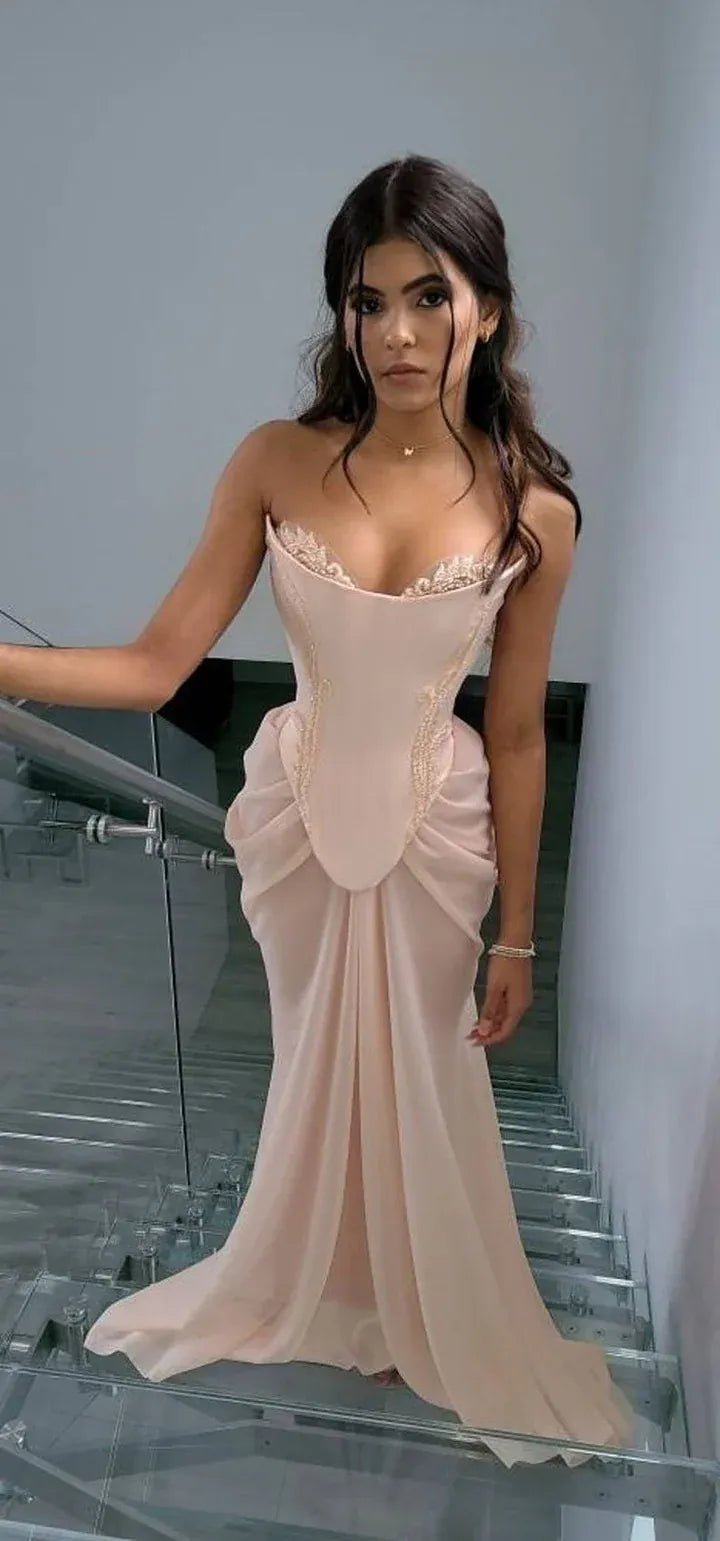 Romantic Chiffon-Lace Long Evening Dress Blush Pink Sweetheart Strapless for Women