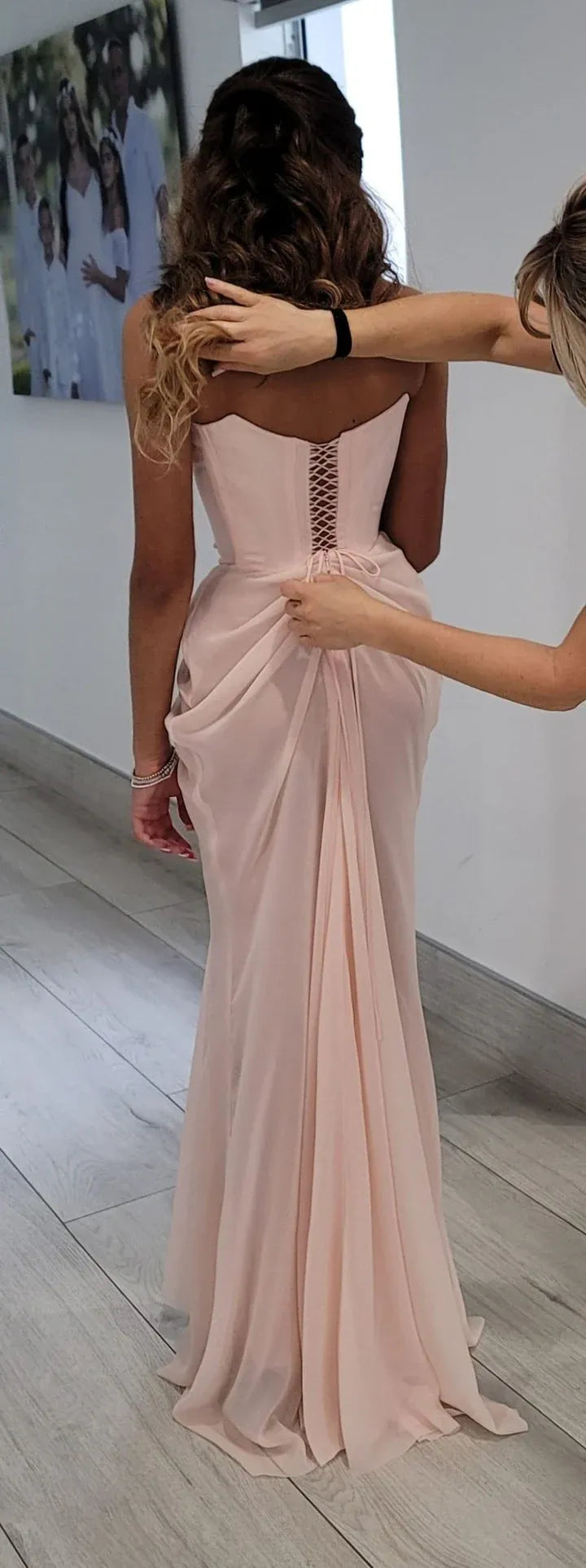 Romantic Chiffon-Lace Long Evening Dress Blush Pink Sweetheart Strapless for Women