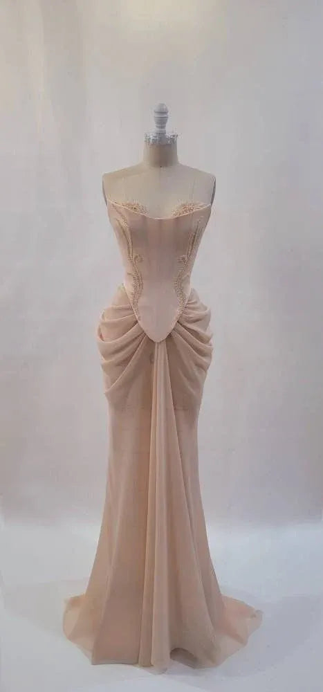 Romantic Chiffon-Lace Long Evening Dress Blush Pink Sweetheart Strapless for Women