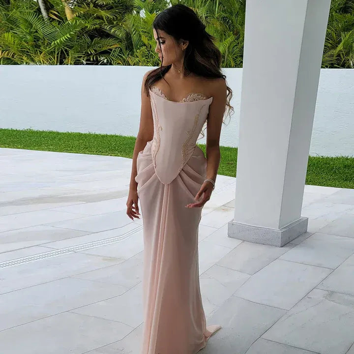 Romantic Chiffon-Lace Long Evening Dress Blush Pink Sweetheart Strapless for Women