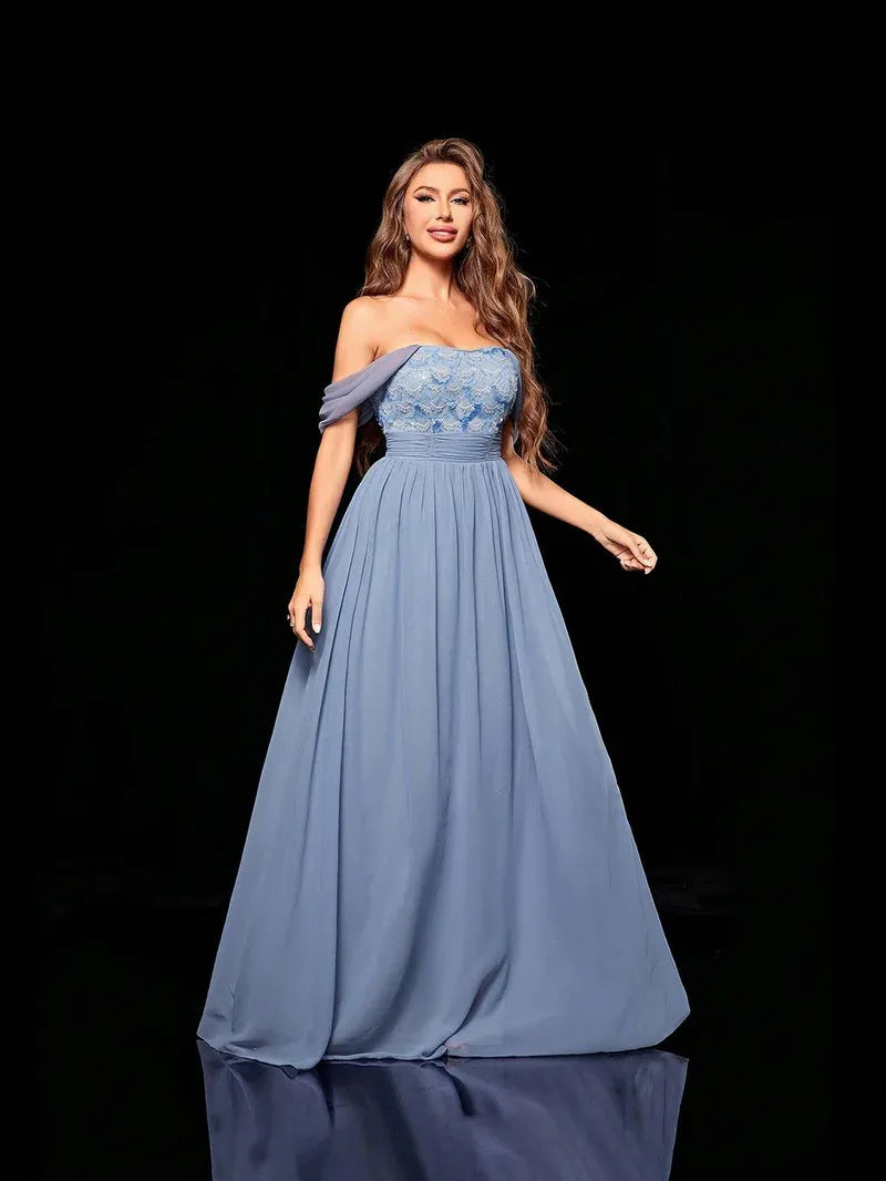 Romantic Chiffon-Lace Long Evening Dress Dusty-Blue Off-Shoulder Sleeveless Party Gown for Women