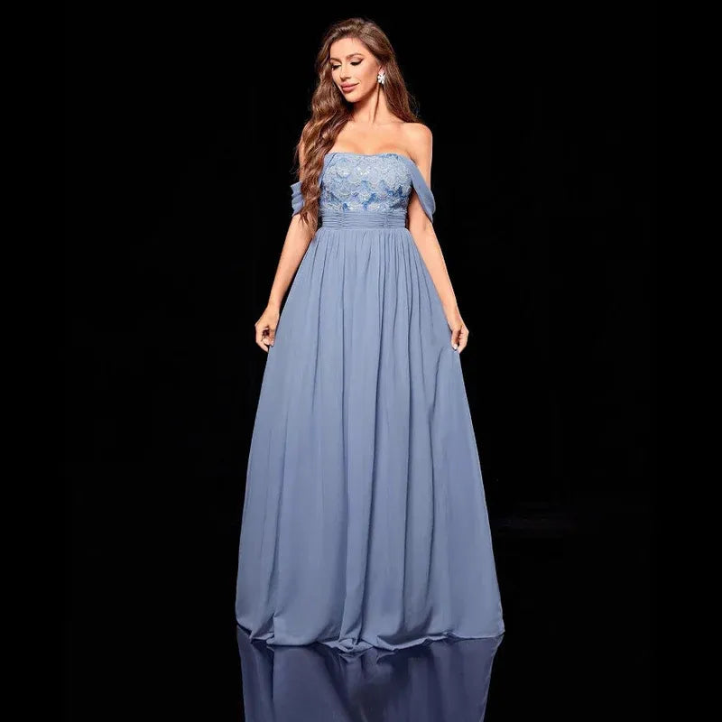Romantic Chiffon-Lace Long Evening Dress Dusty-Blue Off-Shoulder Sleeveless Party Gown for Women