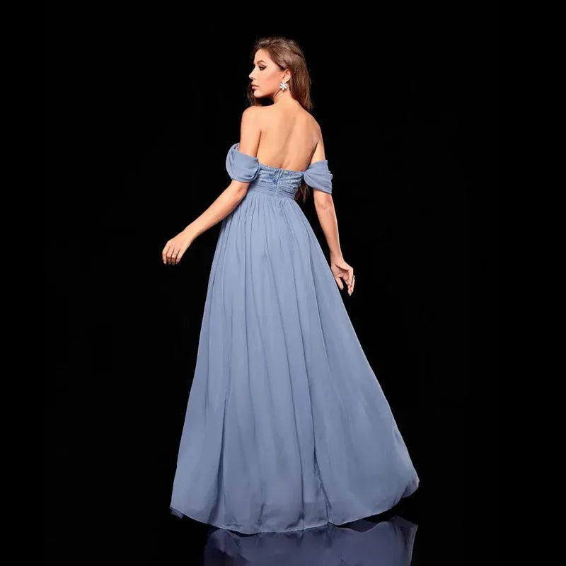 Romantic Chiffon-Lace Long Evening Dress Dusty-Blue Off-Shoulder Sleeveless Party Gown for Women