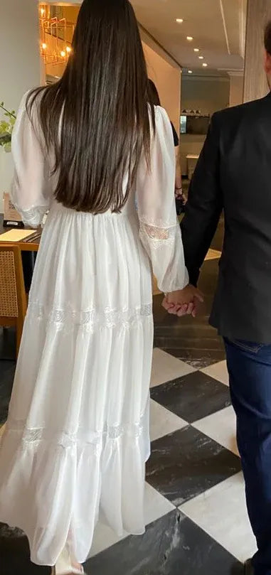 Romantic Chiffon-Lace Long Evening Dress White V-Neck Puff Sleeve for Women