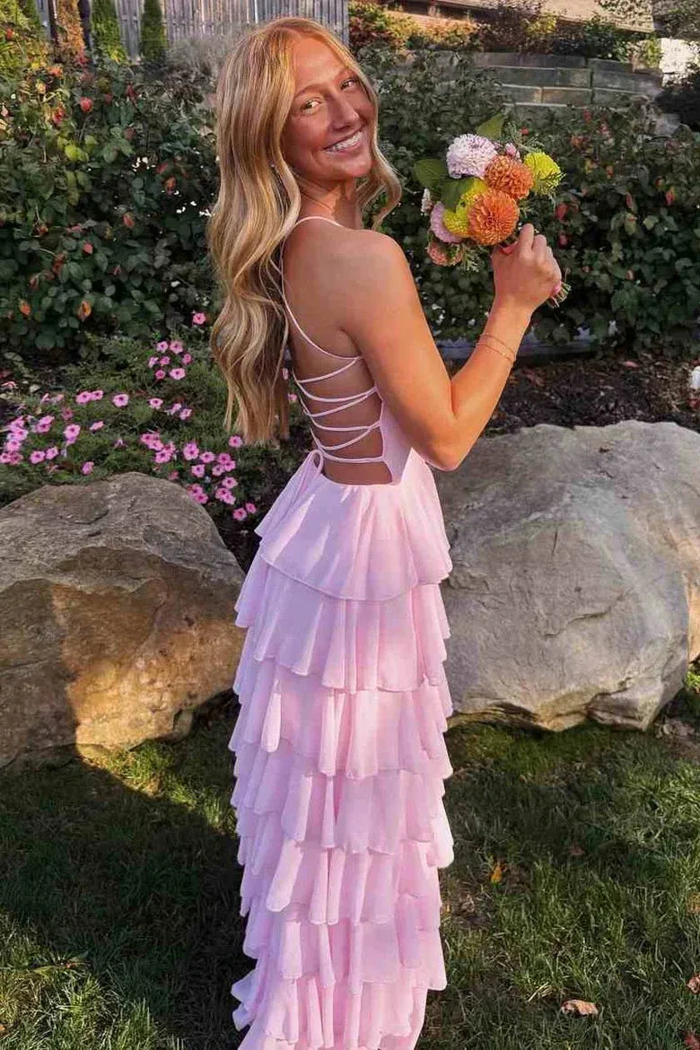 Romantic Chiffon Long Evening Dress Blush Spaghetti-Strap Ruffled Party Gown for Women