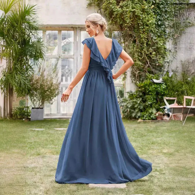 Romantic Chiffon Long Evening Dress Navy V-Neck Ruffle-Sleeve Party Gown for Women