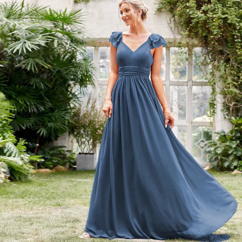 Romantic Chiffon Long Evening Dress Navy V-Neck Ruffle-Sleeve Party Gown for Women