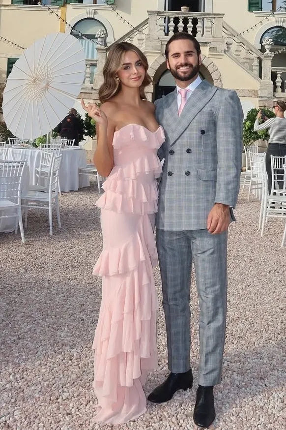 Romantic Chiffon Long Evening Dress Pink Strapless Ruffled Party Gown for Women