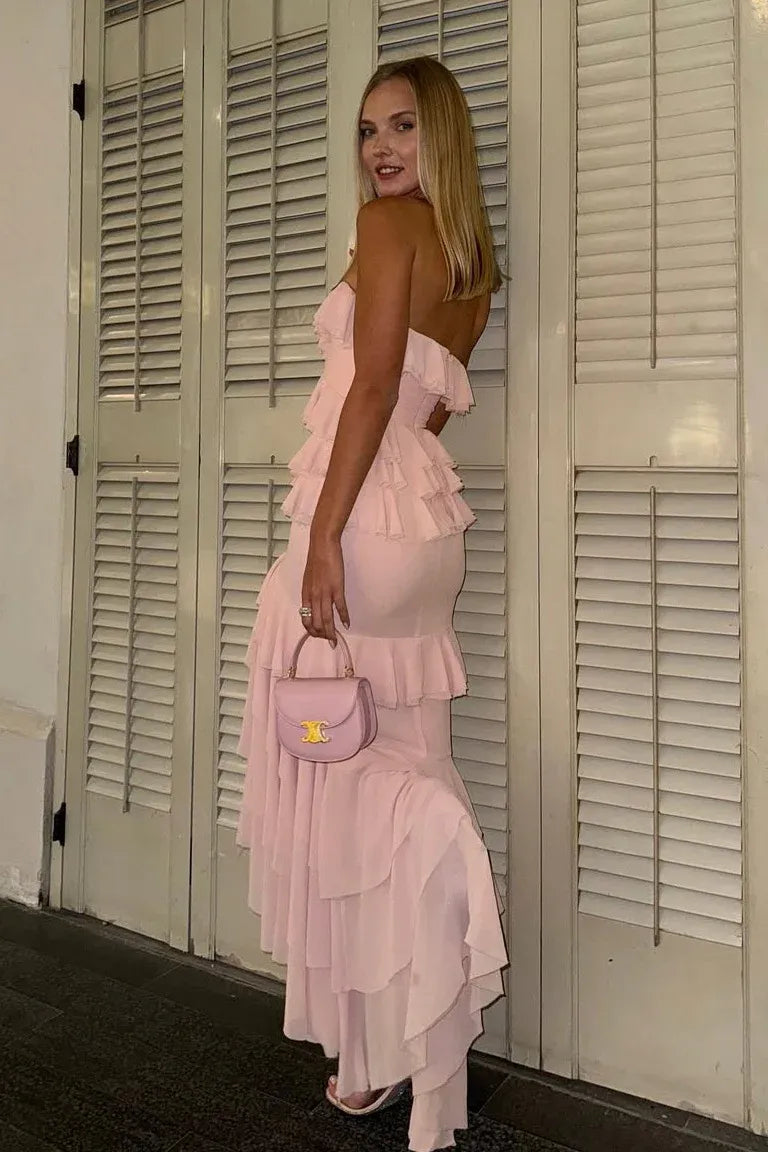 Romantic Chiffon Long Evening Dress Pink Strapless Ruffled Party Gown for Women