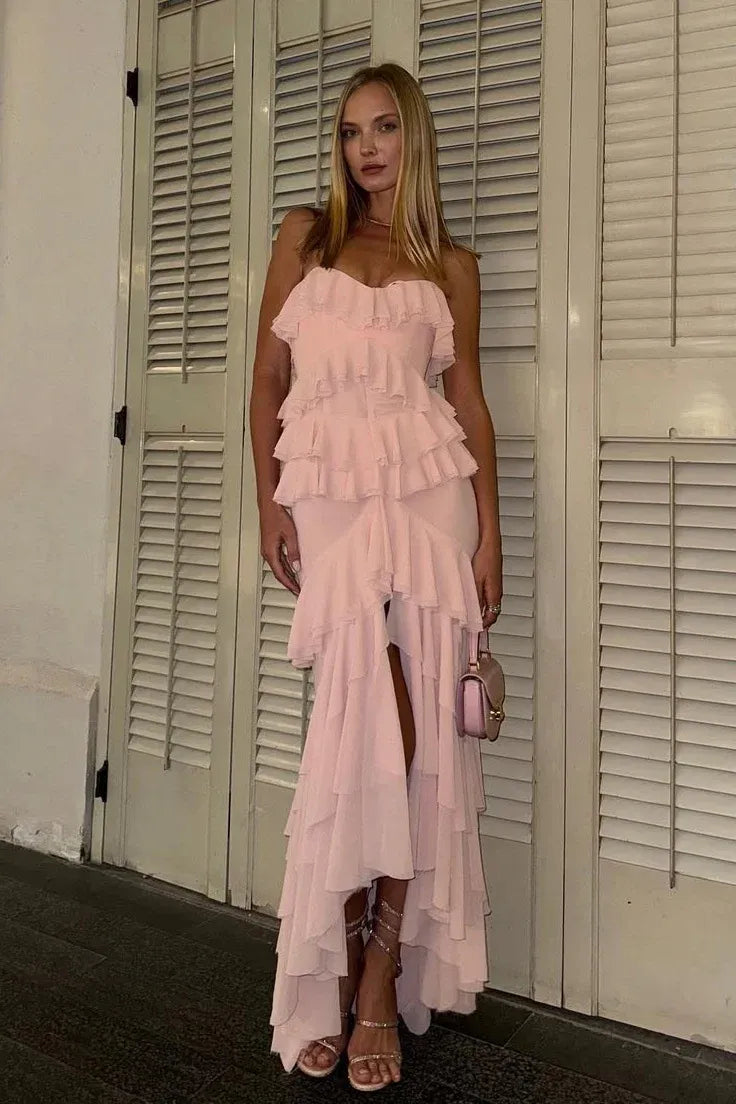 Romantic Chiffon Long Evening Dress Pink Strapless Ruffled Party Gown for Women