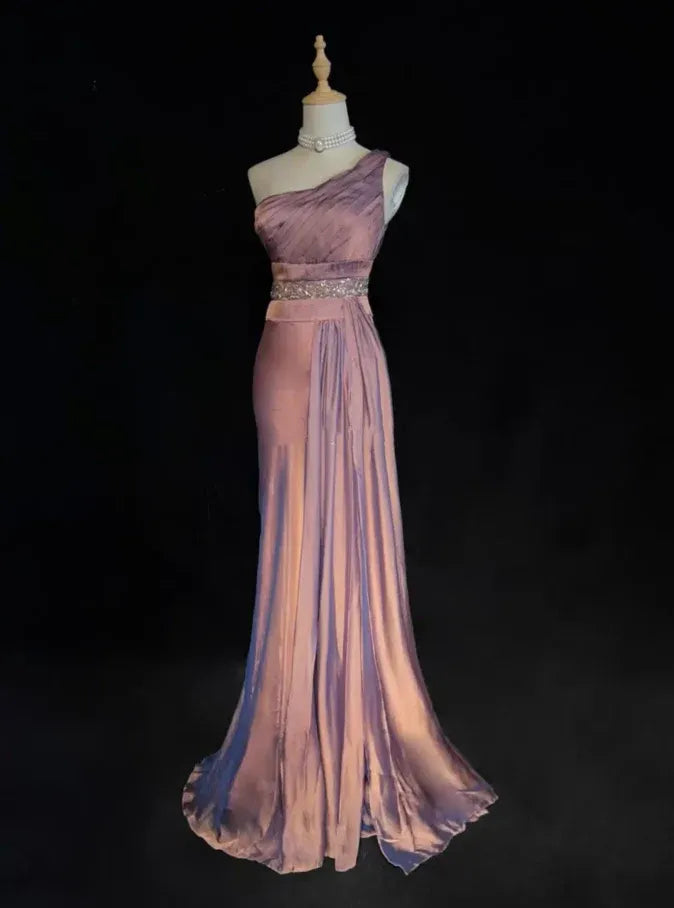 Romantic Column One-Shoulder Sleeveless Beaded Dusty Rose Maxi Prom Dress for Women ready to ship
