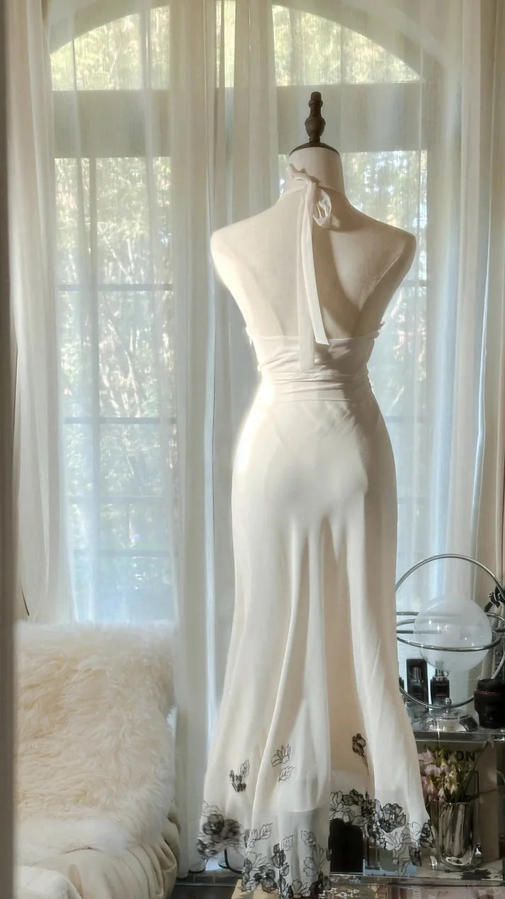 Romantic Halter Black Lace Applique Chiffon White Long Party Dress