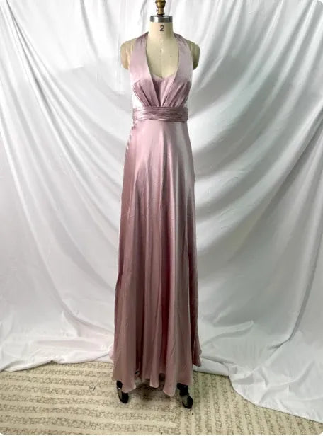 Romantic Halter V-Neck Sleeveless Ruched Waist Blush-Satin Maxi Prom Dress for Women ready to ship