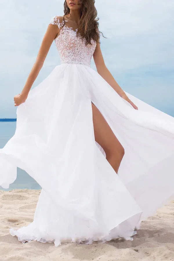 Romantic Lace-Chiffon Long Evening Dress White Illusion-Neck Party Gown for Women