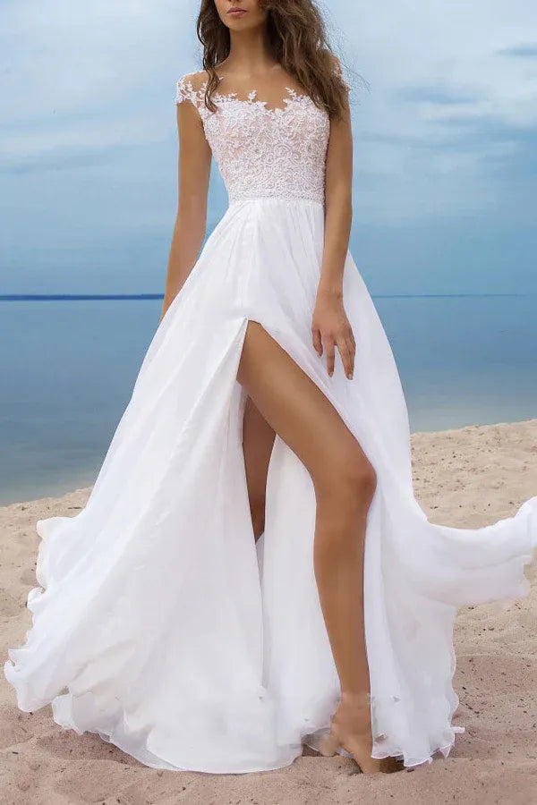 Romantic Lace-Chiffon Long Evening Dress White Illusion-Neck Party Gown for Women