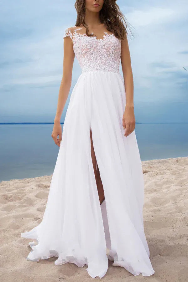 Romantic Lace-Chiffon Long Evening Dress White Illusion-Neck Party Gown for Women