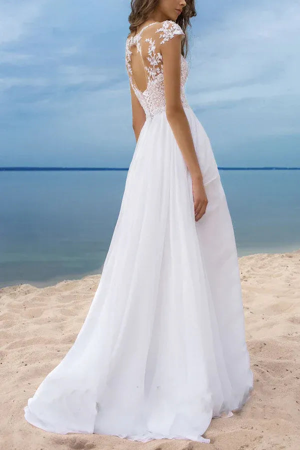 Romantic Lace-Chiffon Long Evening Dress White Illusion-Neck Party Gown for Women
