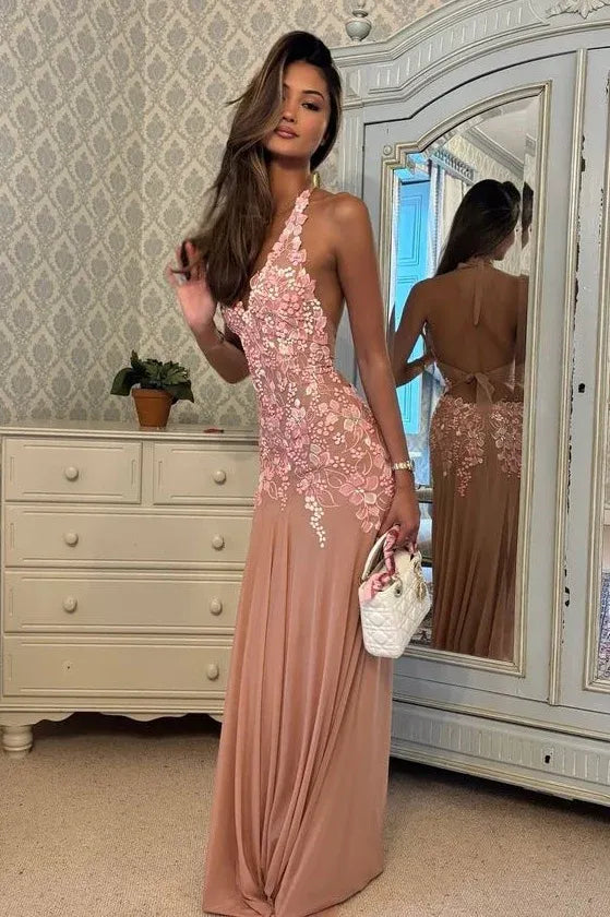 Romantic Lace Chiffon Long Evening Dress Blush Halter Sleeveless Party Gown for Women