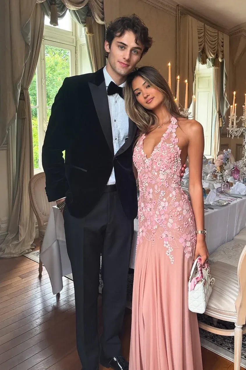 Romantic Lace Chiffon Long Evening Dress Blush Halter Sleeveless Party Gown for Women