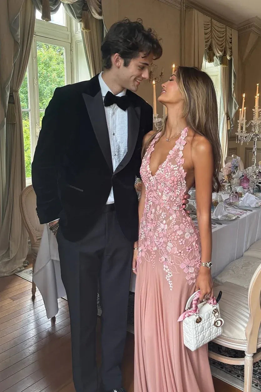 Romantic Lace Chiffon Long Evening Dress Blush Halter Sleeveless Party Gown for Women