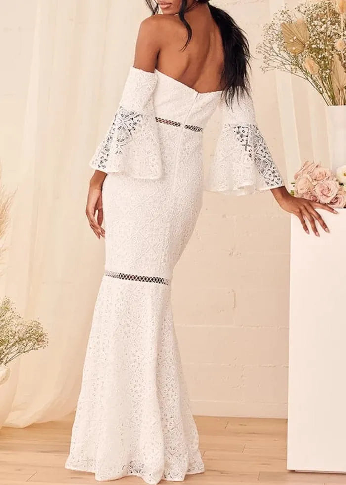 Romantic Lace Long Evening Dress White Off-Shoulder Bell-Sleeve Party Gown for Women