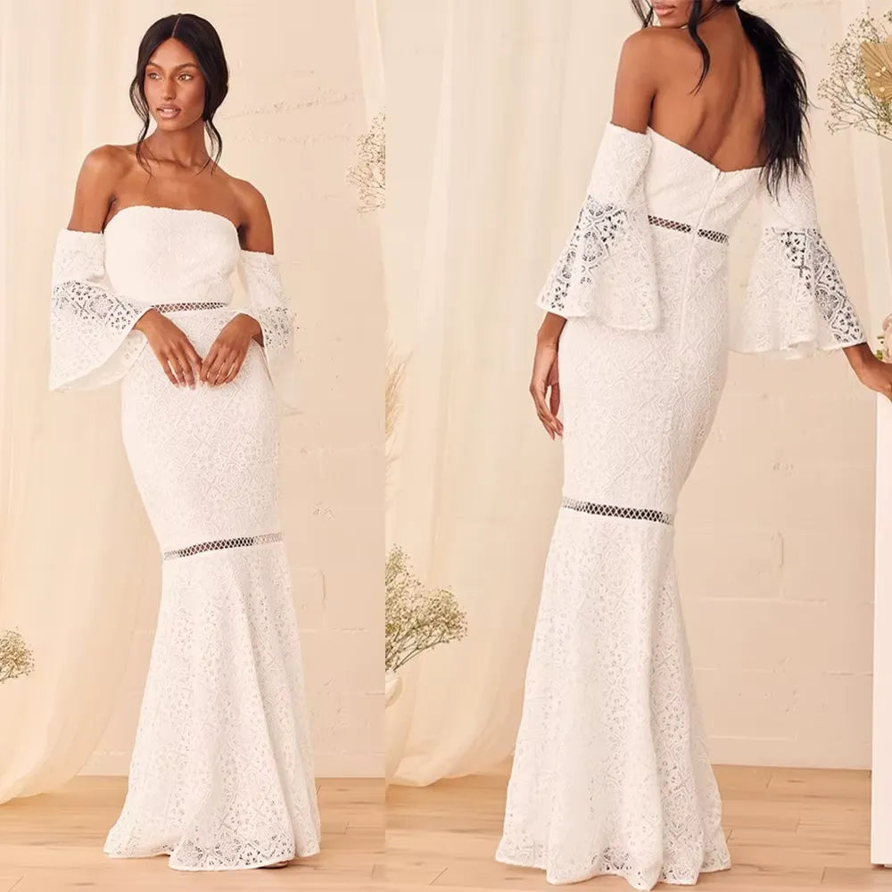 Romantic Lace Long Evening Dress White Off-Shoulder Bell-Sleeve Party Gown for Women